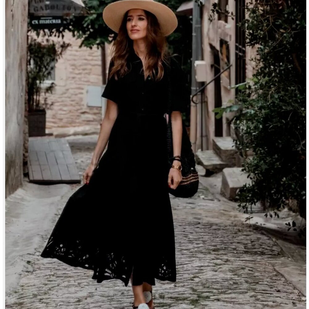 ZARA $129 ZW COLLECTION BLACK EMBROIDERED MIDI SHIRT DRESS BELT  4786/096 M NWT